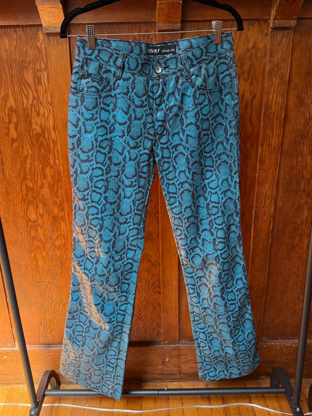 Revolt Jeans Teal Snake-Print Flare Jeans